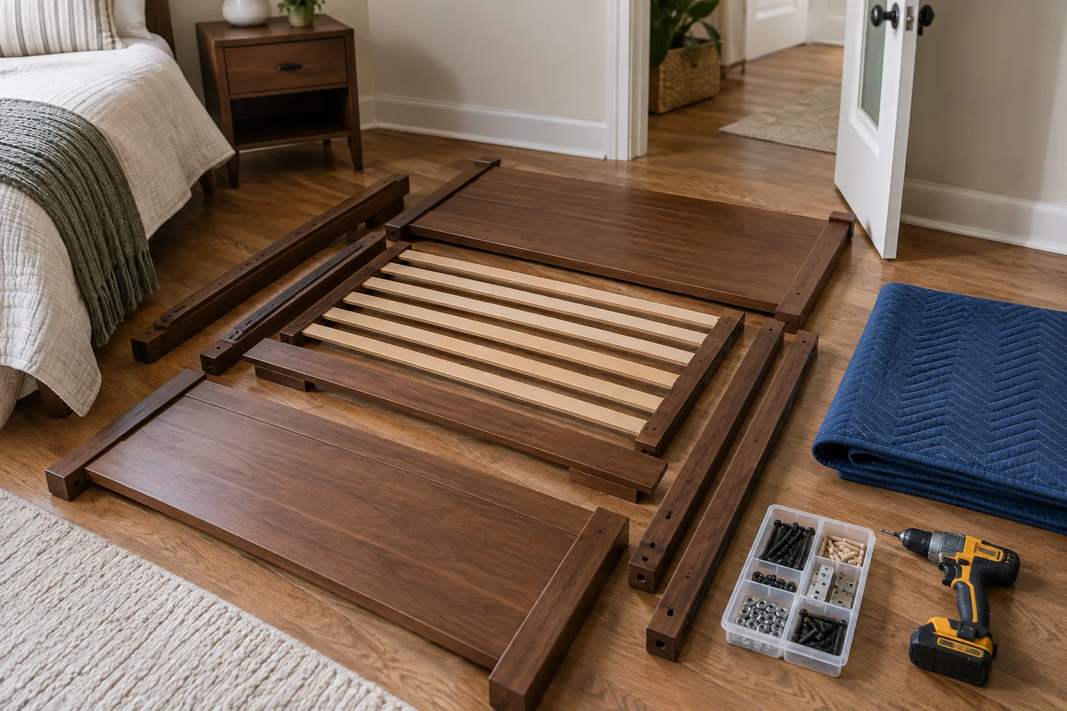 Disassembled wood bed-frame parts organized beside a tool tray