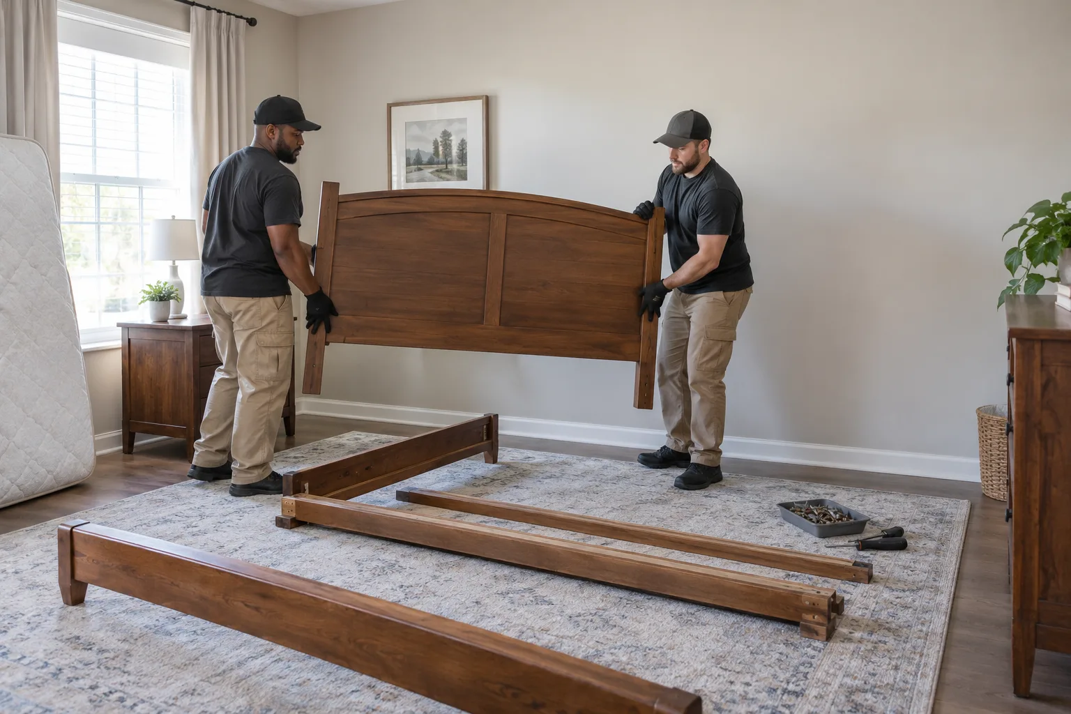 Two workers lifting a wood headboard in a bedroom