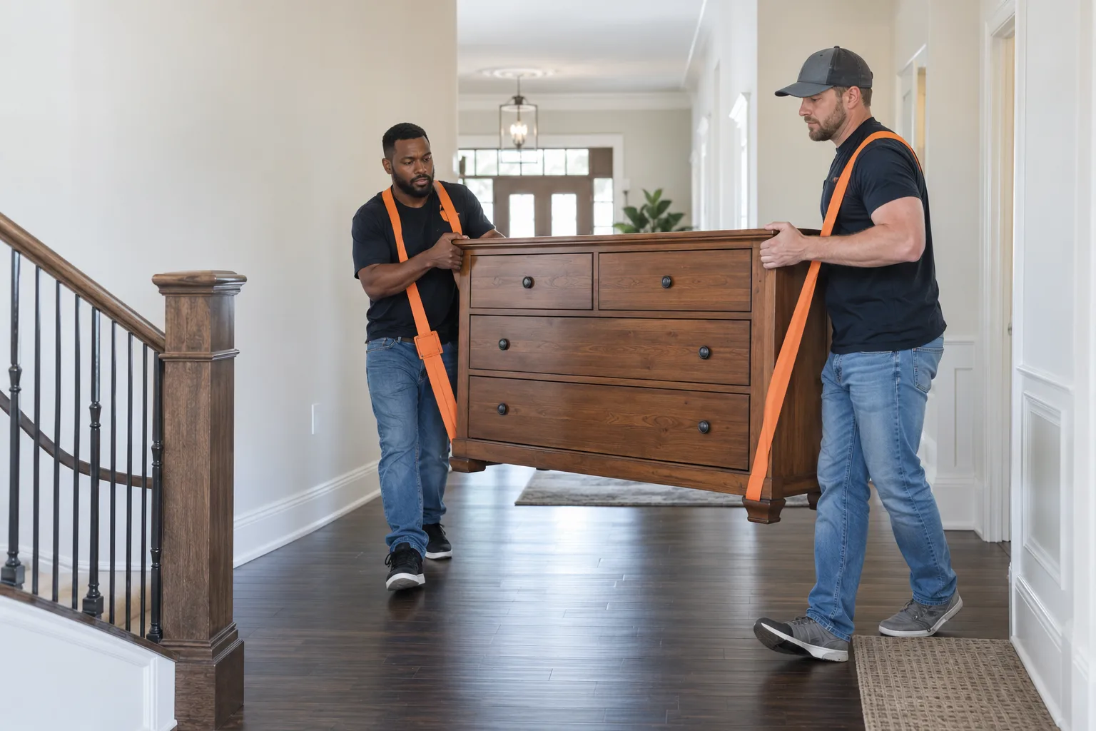 Two workers carrying a wood dresser with lifting straps