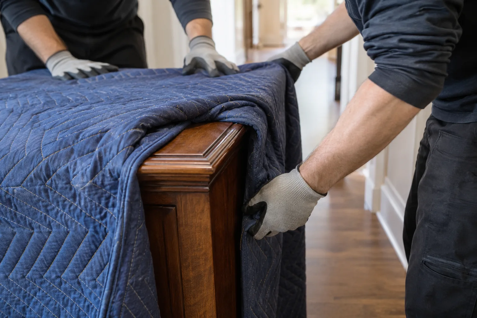 Workers wrapping a wood cabinet in a moving blanket